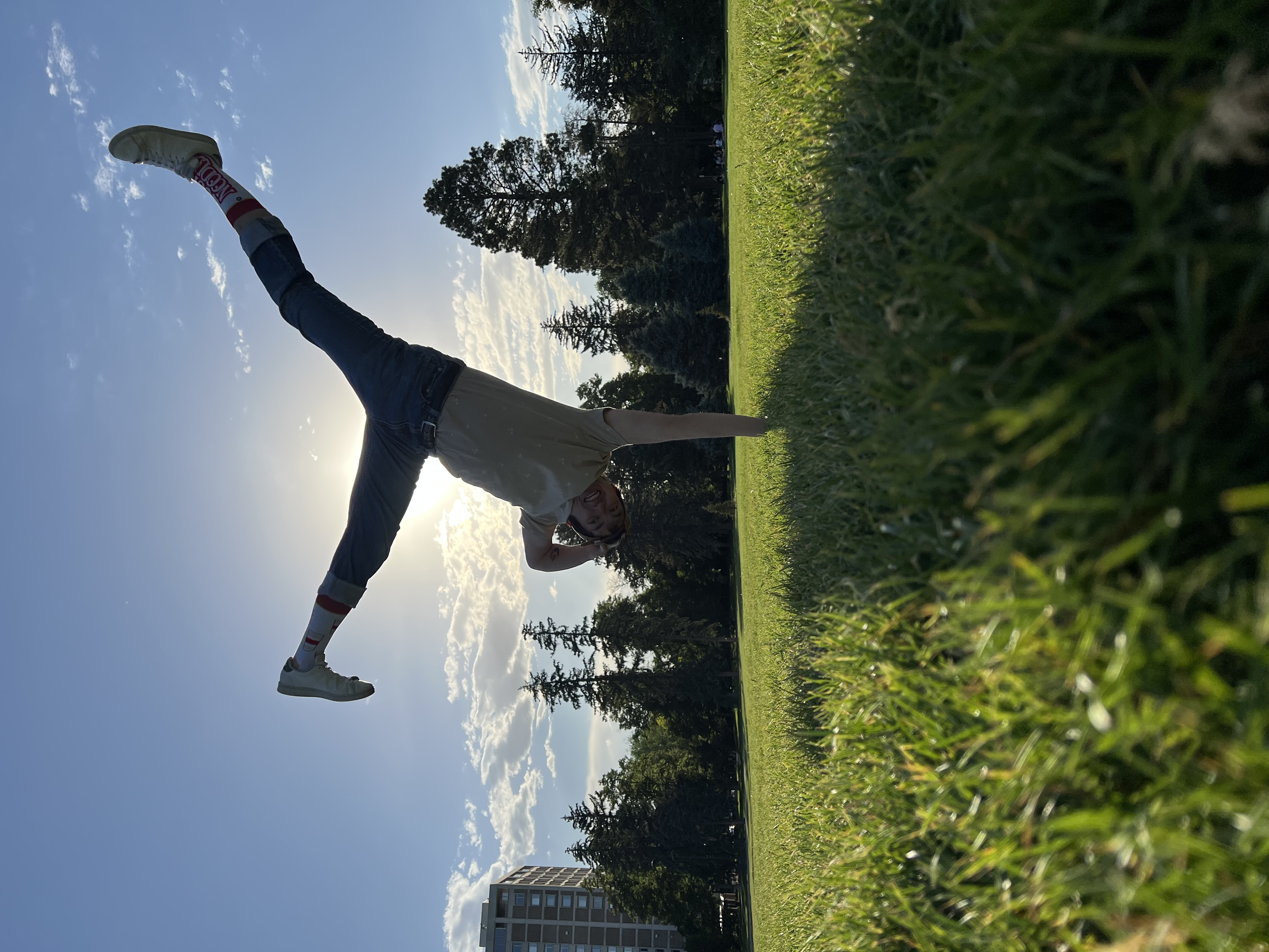 Shadow holding a one-handed handstand in a sunlit park