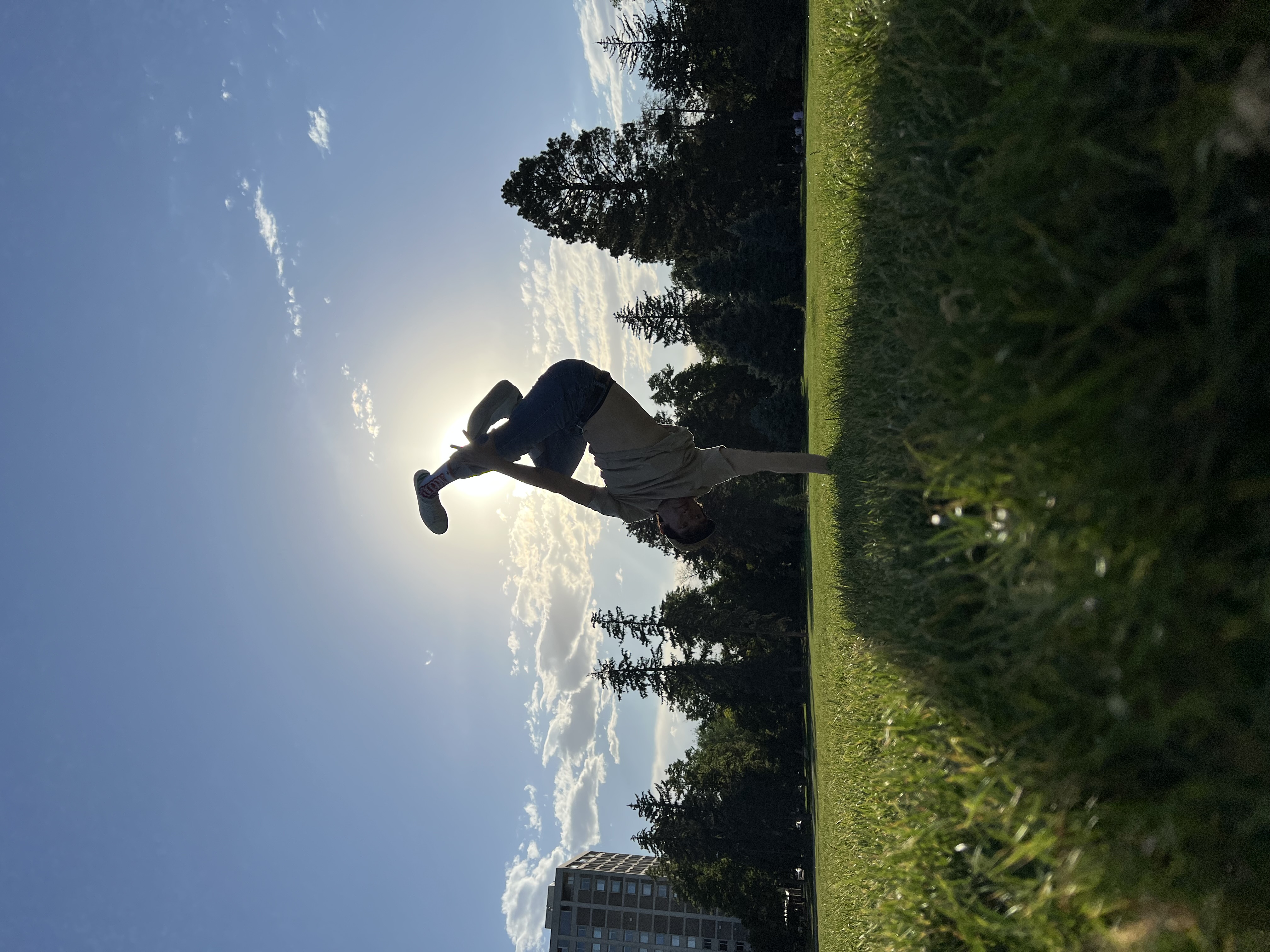 Shadow silhouetted in a one-handed freeze against the sun